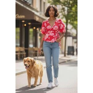 NWT Old Navy Floral‎ Puff Sleeve Wrap Top S Red Pink Cottagecore Peplum Babydoll